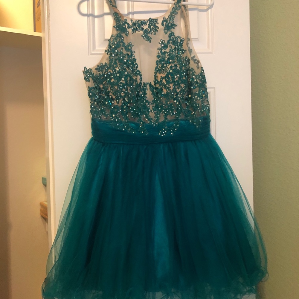 Rachel Allan turquoise lace top homecoming dress